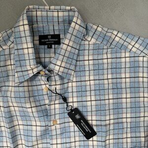New Hickey Freeman Blue White Plaid Casual Dress Shirt sz Large LRG NWT